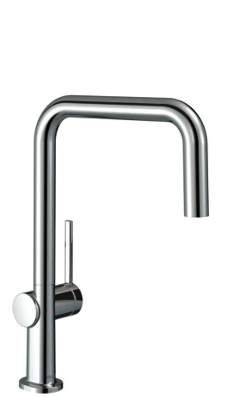 Küchenarmatur von Hansgrohe mit einem hohen, gebogenen Auslauf und einem Bedienhebel an der Vorderseite. Verchromte Oberfläche.